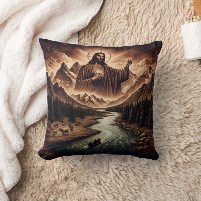Coussin Jésus Bénédiction d'un paysage de rivière sereine (Couverture)