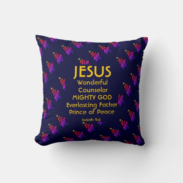Coussin JÉSUS Écriture chrétienne Isaïe 9:6 MARINE moderne (Recto)