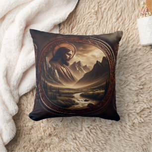 Coussin Jesus in Majestic Mountain Paysage à Dusk