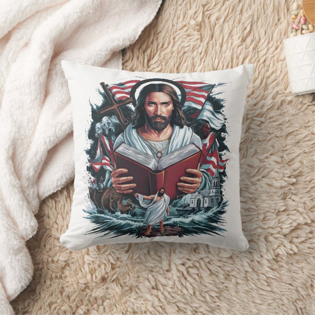 Coussin Jésus lisant au milieu des vagues et des symboles  (Couverture)