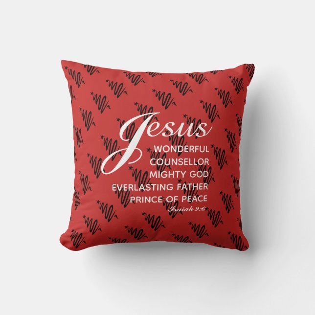 Coussin JÉSUS PRINCE DE LA PAIX Écriture de Noël Rouge (Recto)