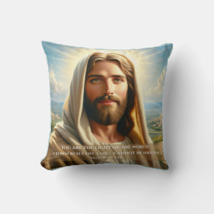 Coussin Jésus souriant sous un ciel céleste