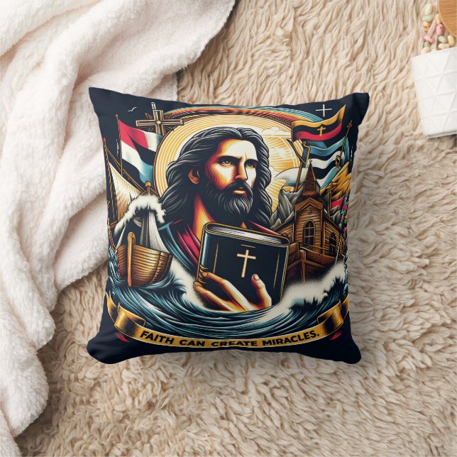 Coussin Jésus tenant une bible au milieu des vagues et des (Couverture)