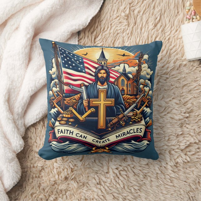 Coussin Jésus tient une croix avec des symboles de foi et  (Couverture)
