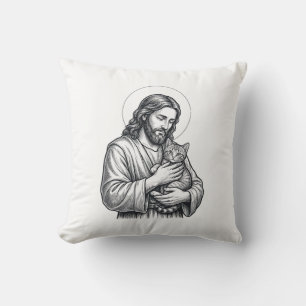 Coussin Jésus vintage tenant un chat gravure graphique_1