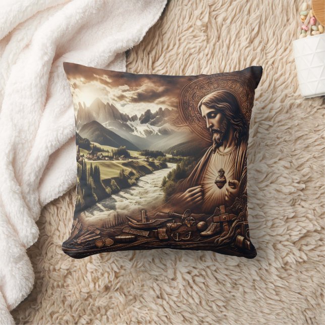 Coussin Jesus Vue sur un paysage de montagne serein (Couverture)