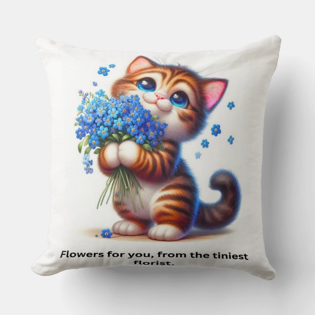 Coussin jetable avec un chat mignon et des fleurs, (Recto)