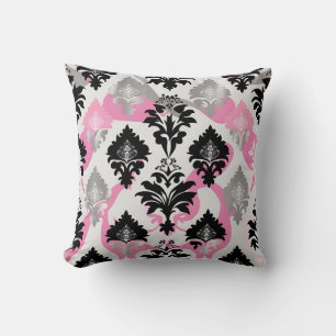 Coussin jeté à motif damassé rose noir gris