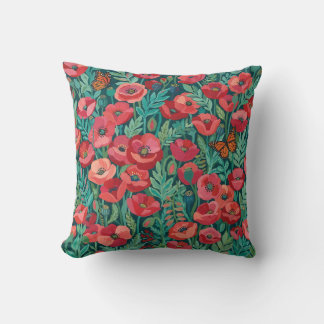 Coussin jeté aux pavots abstraits et papillons