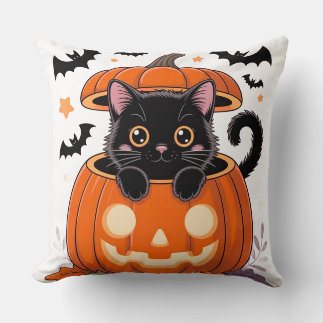 Coussin Jeter l'oreiller - Chat noir mignon en Halloween C (Recto)