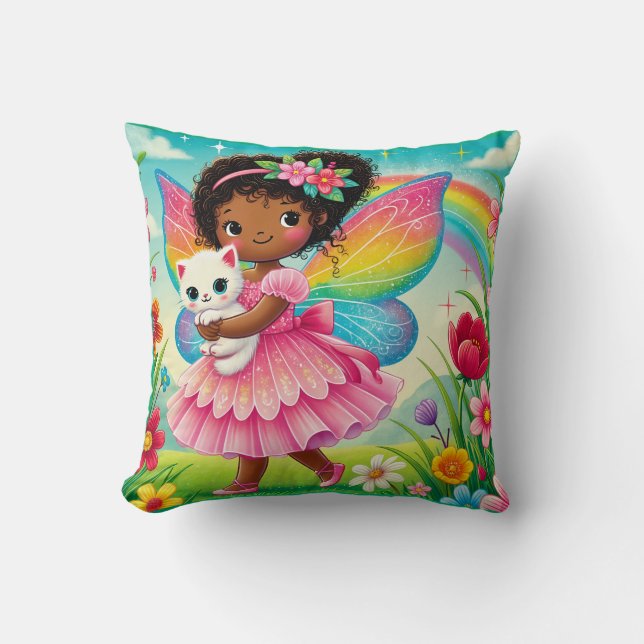 Coussin JETER UN COUP D'OEIL - "HAPPY FAIRY with KITTEN" (Recto)