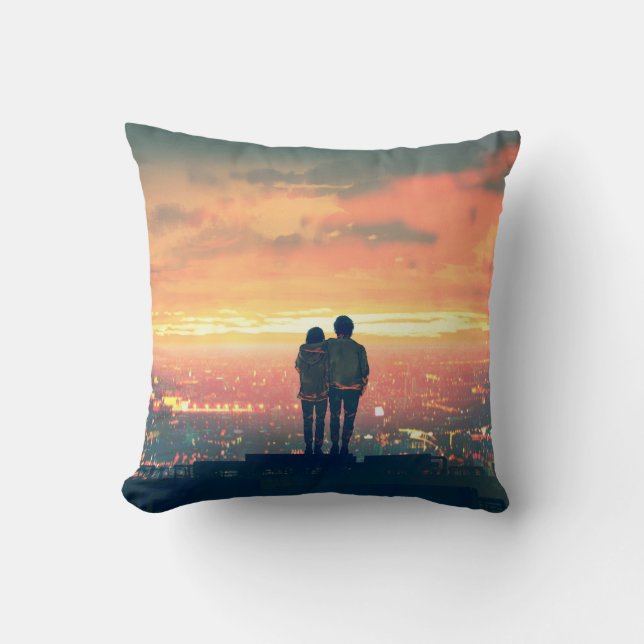 Coussin jeune couple debout sur le toit en regardant c (Recto)