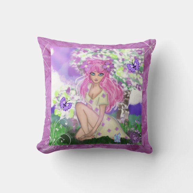 Coussin Jeune fille branchée avec des papillons violets Fl (Recto)