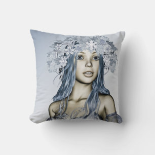 Coussin Jeune fille de neige bleue Portrait Fantastique d'