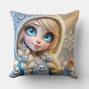 Coussin Jeune fille des neiges avec flocon de neige scinti