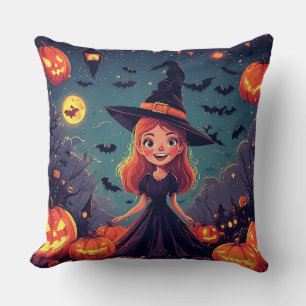 Coussin Jeune sorcière parmi des citrouilles lumineuses
