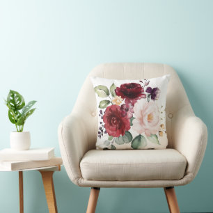 Coussin Jeunes mariés floraux au blush aquarelle et vin