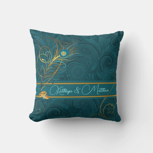 Coussin Jeunes mariés Teal Peacock et or Nom personnalisé (Recto)
