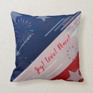 Coussin Joie !Amour ! Paix ! Drapeau américain et feux d'