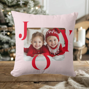 Coussin JOIE   Cadeau photo de Noël moderne rouge et rose