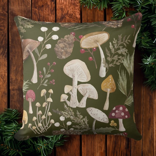 Coussin Joie Rustique Woodsy Aquarelle Champignons Noël (Joy Rustic Woodsy Watercolor Mushroom Christmas Throw Pillow)