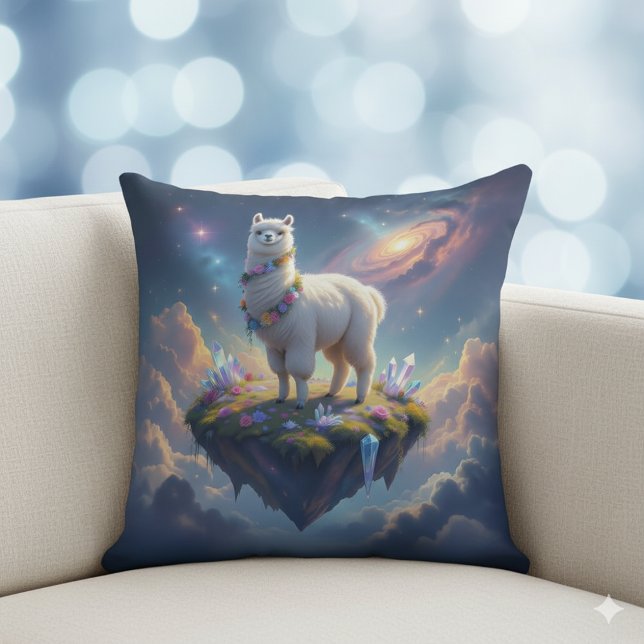 Coussin Joli Alpaca sur une île flottant dans les cieux (Alpaca on Floating Island in the Night Skies Throw Pillow Cover Photo)