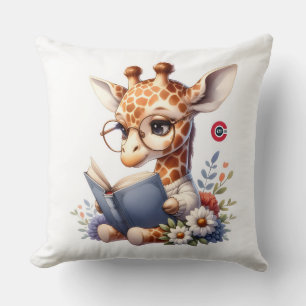Coussin Joli bébé girafe lisant un livre avec des lunettes