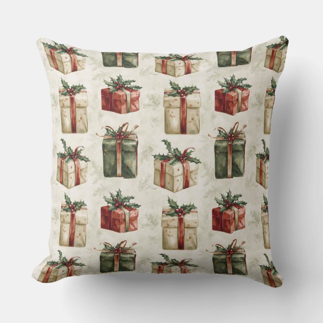 Coussin Joli cadeau de Noël avec des rubans et Holly (Recto)