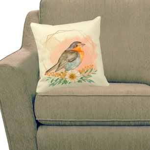 Coussin Joli cadre de rouge-gorge et de fleurs sauvages à