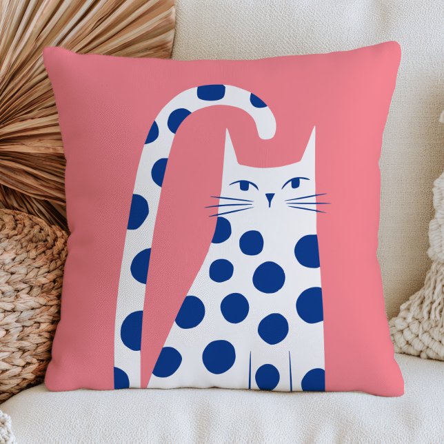 Coussin Joli Chat Blanc à Points Bleus sur Fond Rose Paste (Créateur téléchargé)