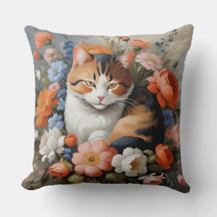 Coussin Joli chat calico et fleurs