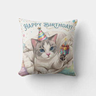 Coussin Joli chat d'anniversaire avec chapeau de fête et c