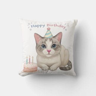 Coussin Joli Chat d'Anniversaire avec Gâteau et Chapeau de