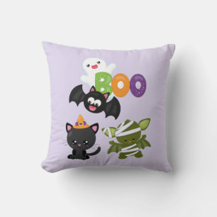 Coussin Joli chat d'Halloween, chauve-souris, momie et fan