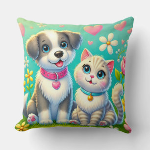 Coussin Joli chat et chien de dessin animé assis ensemble