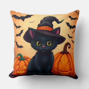 Coussin Joli chat noir avec un chapeau de sorcière entouré