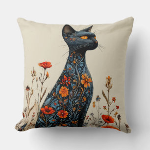 Coussin Joli chat noir et fleurs