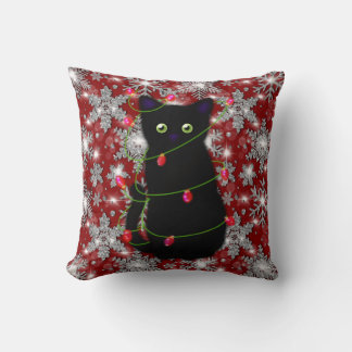 Coussin Joli chat noir Meowy Noël flocon de neige scintill
