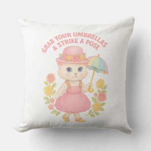 Coussin Joli chaton en robe rose – Pose au parapluie