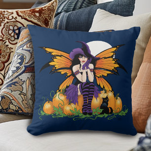 Coussin Joli citrouille de fée d'Halloween avec chat noir