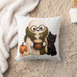 Coussin Joli fantôme d'Halloween confortable avec chat noi