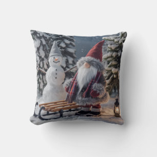 Coussin Joli gnome en Père Noël habillé avec un traîneau
