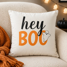 Coussin Joli Hey Boo Orange Fantôme Blanc Halloween