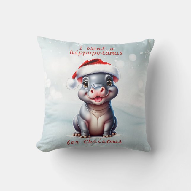 Coussin Joli Hippopotame Santa Hat Snowy Noël (Recto)
