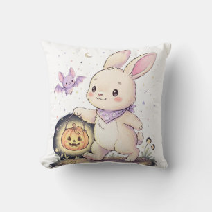 Coussin Joli lapin d'Halloween avec lanterne citrouille et