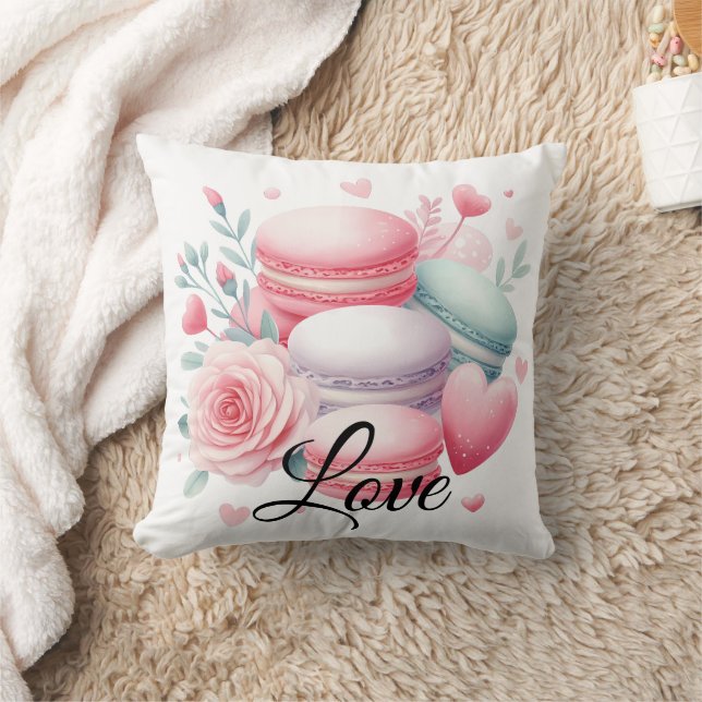 Coussin Joli Macaron Rose et Blanc & Amour de Coeurs (Couverture)