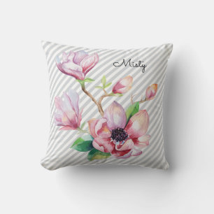 Coussin Joli Magnolia rose Gris floral rayures et nom