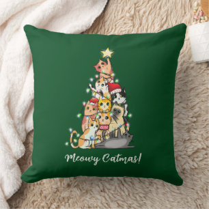 Coussin Joli Meowy Catmas Chats Sapin de Noël Vert