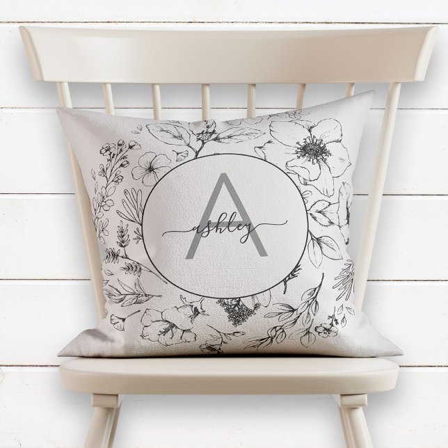 Coussin Joli Monogramme botanique rose pâle (Créateur téléchargé)