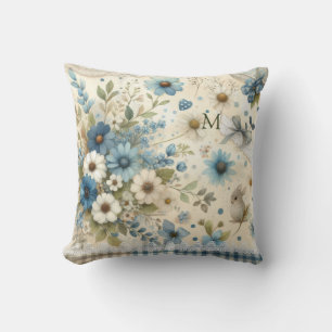 Coussin Joli Monogramme Bunny Bleu, Vert & Blanc Flores